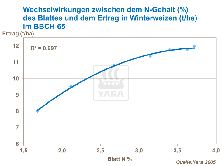 Wechselwirkung zwischen dem N-Gehalt des Blattes und dem Weizenertrag